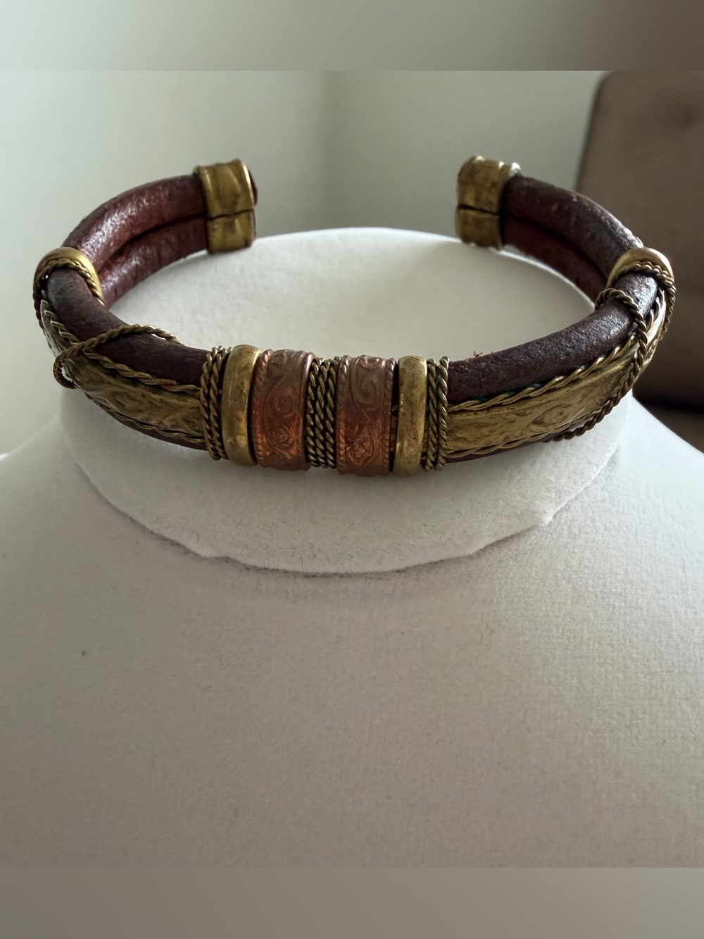 Vintage Artisan Handcrafted Leather Brass Copper Mixed Metal Cuff Bracelet